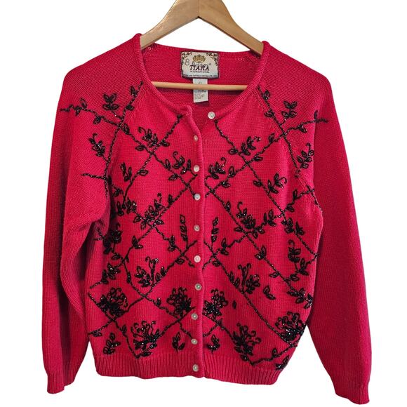 Vintage Tiara Cardigan Womens Large 90s Red Floral Beaded Holiday Party Glam - Picture 1 of 9